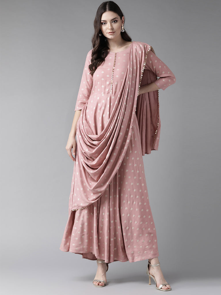 Pink ☀ Golden Printed Maxi Dress With ...